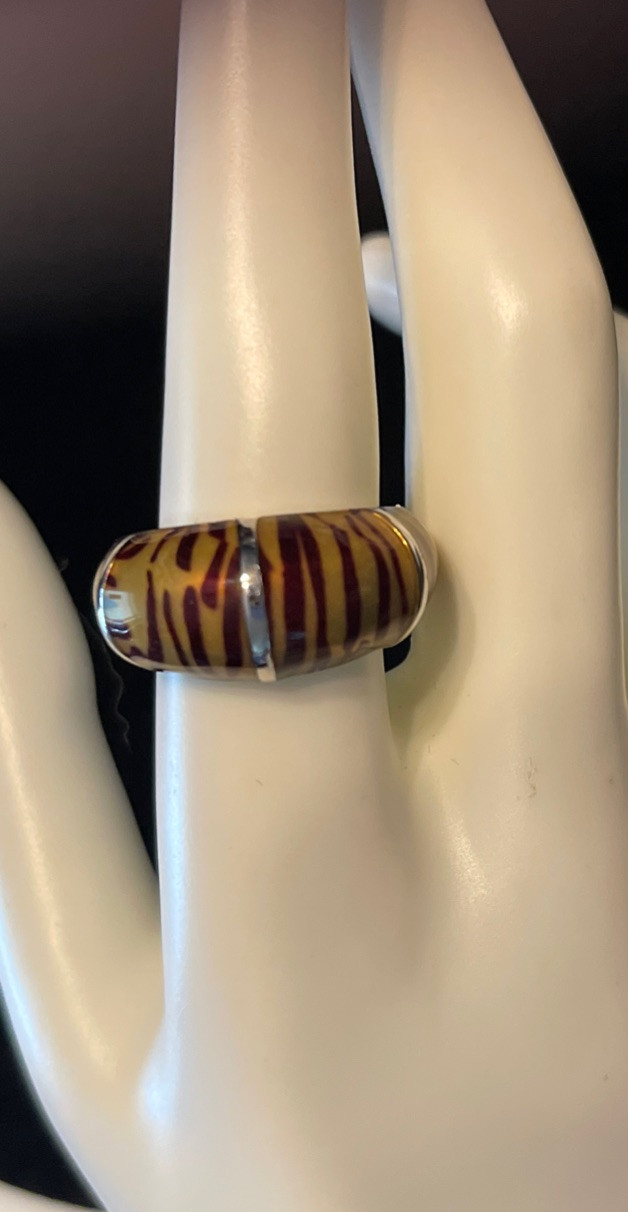 Camille Lucie Tiger Stripe Dome Ring Sz 9 Silver Tone Metal Enamel Animal Print