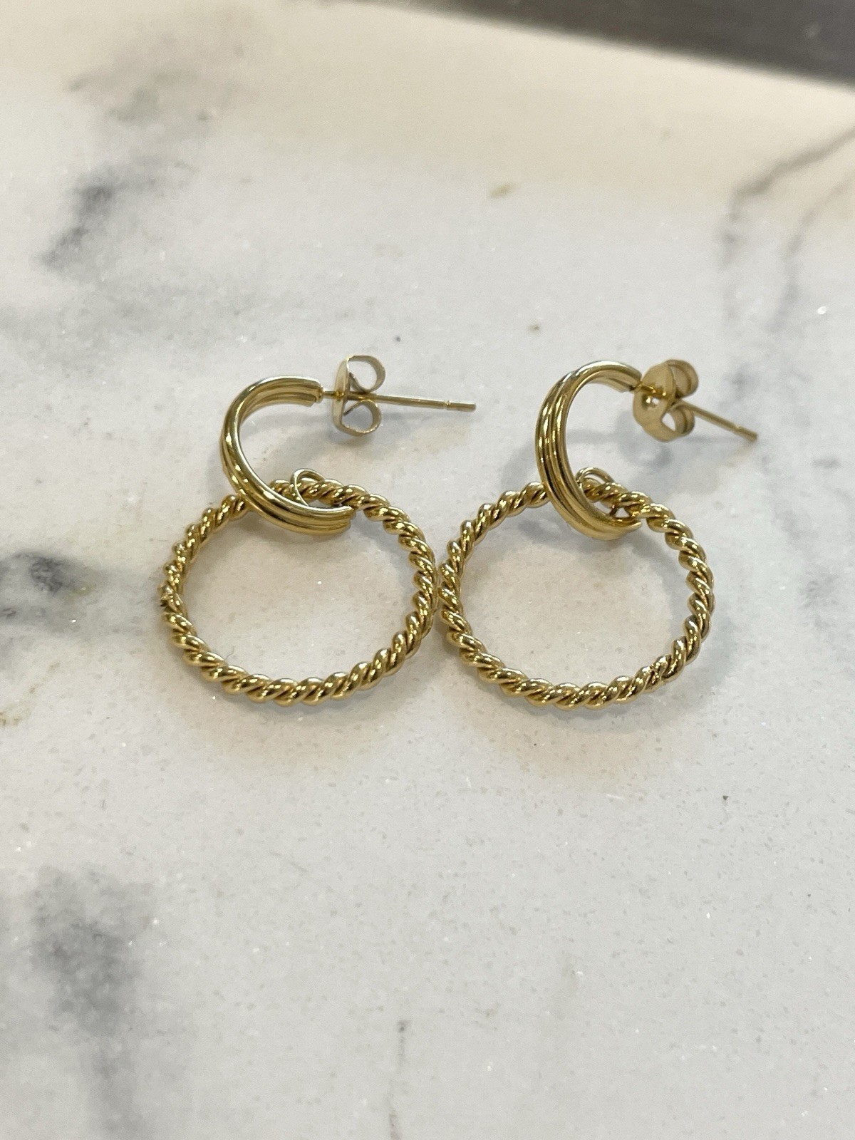 Gold Tone Double Hoop Twist Rope Earrings Modern Minimalist Statement Jewelry