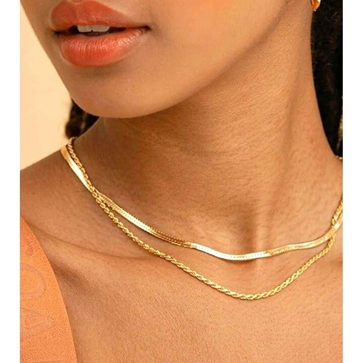 Layered Gold Herringbone Rope Chain Necklace 18K Waterproof Hypoallergenic CUTE