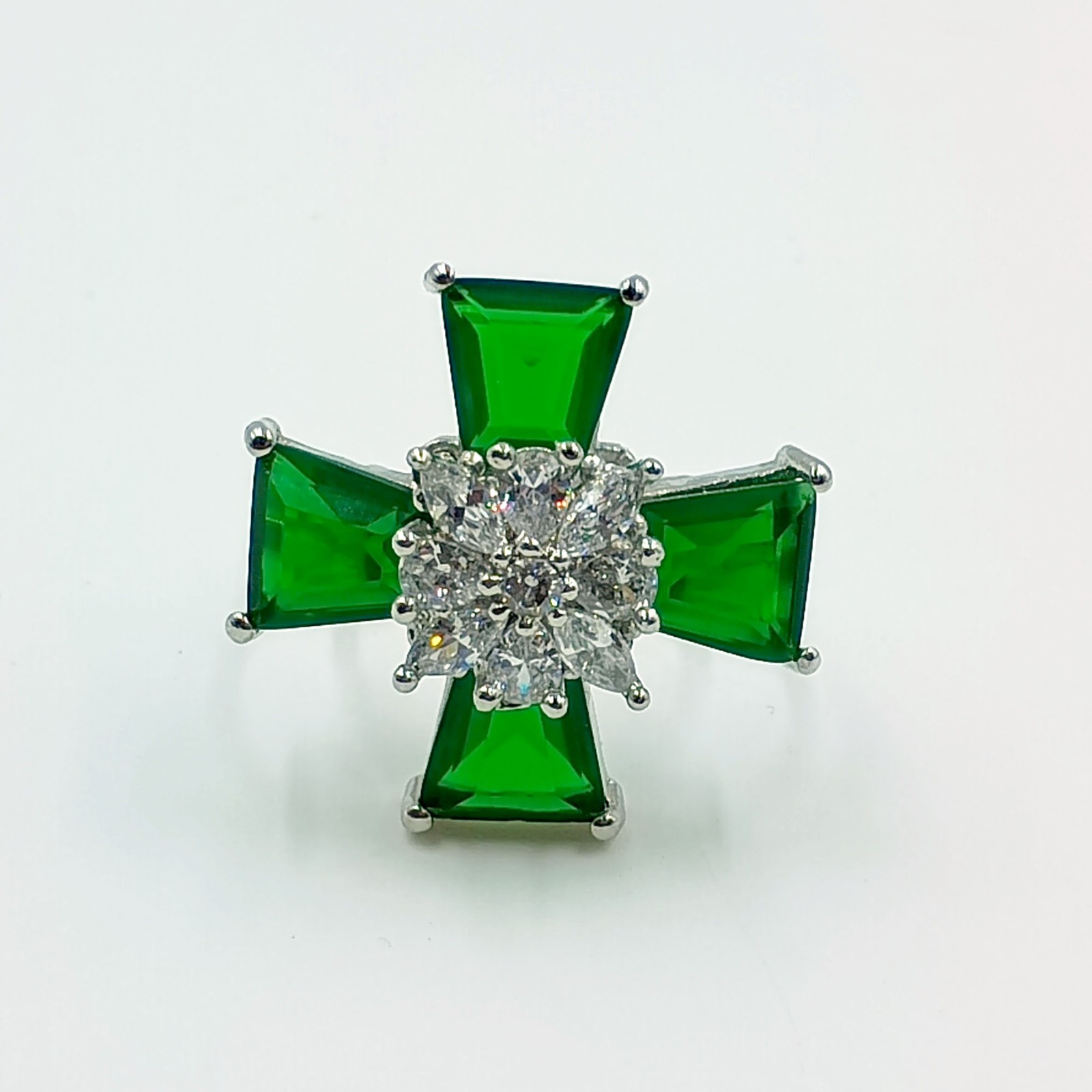 Elegant Green Stone Cross Ring White Plated Cubic Zirconia Adjustable Band Gift