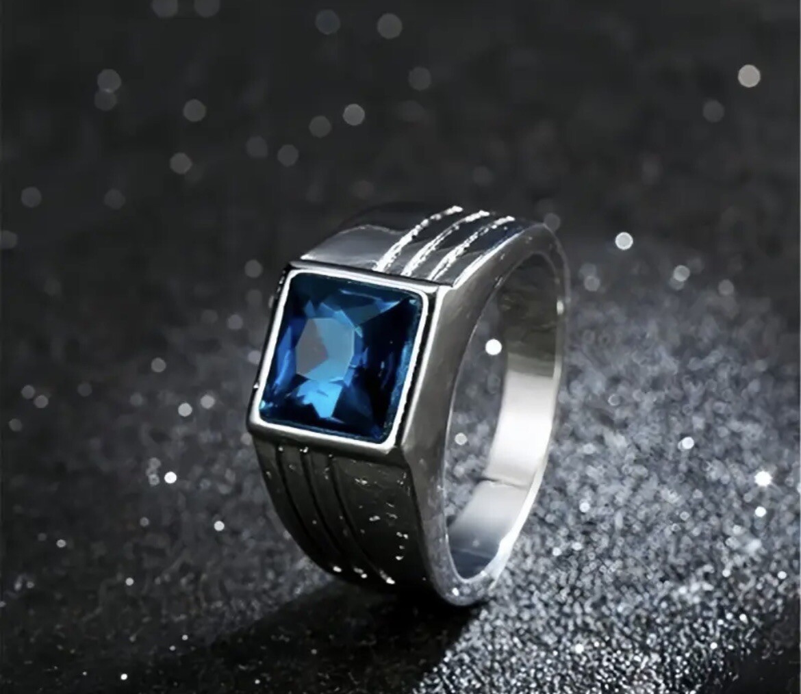 Stainless Steel Ring With Blue Stone Size 7-15
