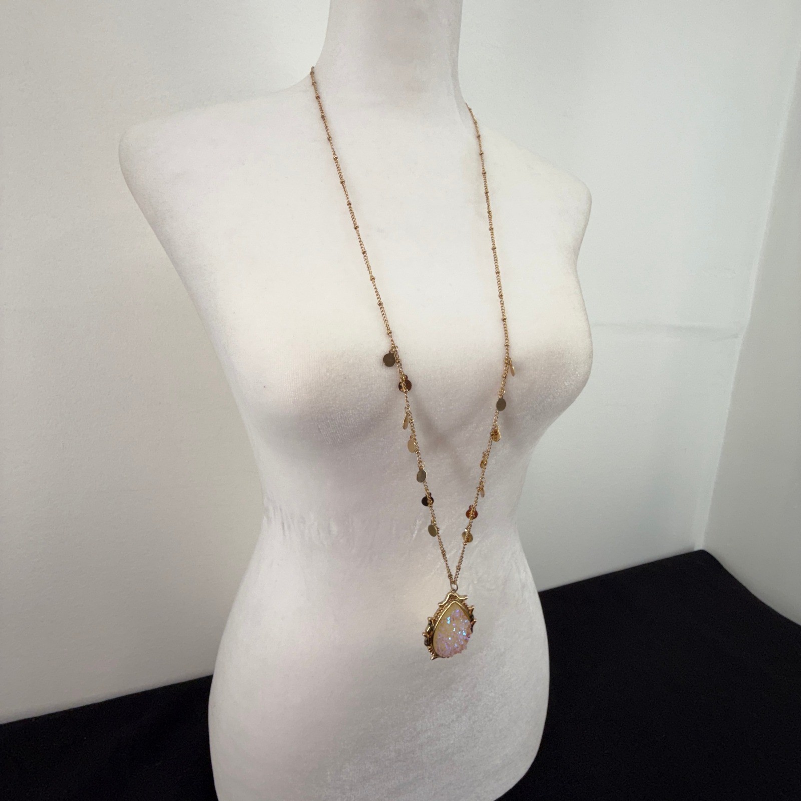 Large White Druzy Pendant Gold Tone Necklace Disc Accents Statement Long 19 in