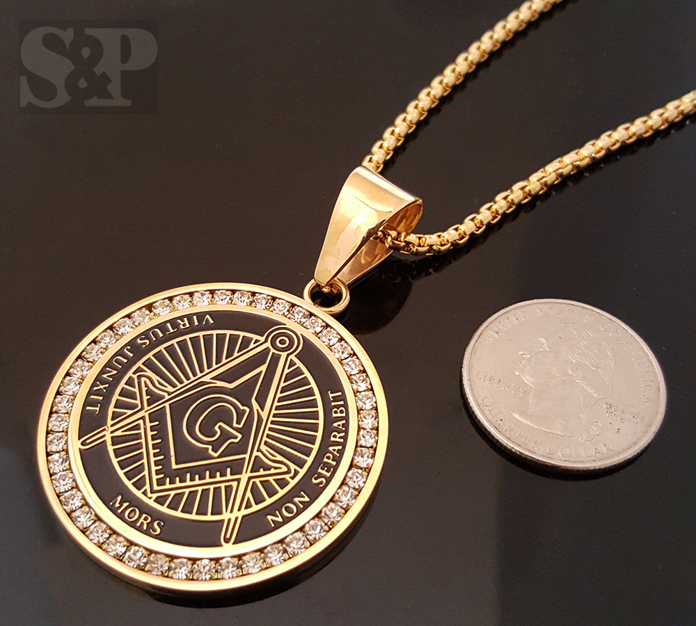 Gold Stainless Steel Freemason Masonic CZ Pendant & 24″ Round Box Chain Necklace