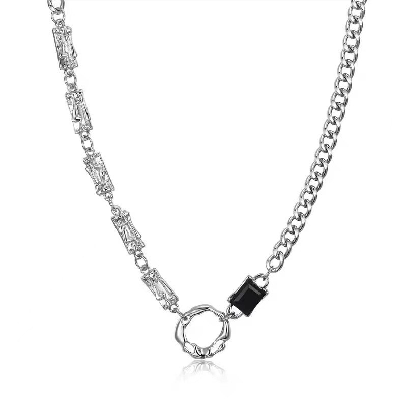 Mixed Link Black Zircon Necklace Stainless Steel Punk unisex Couple Kit