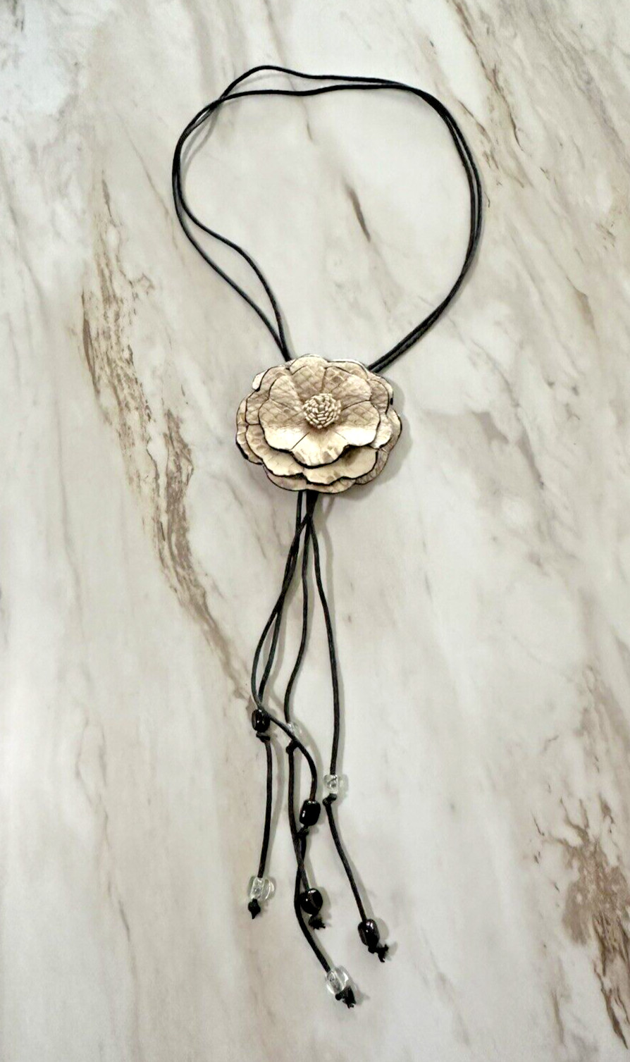 Off White Leather Flower Pendant Adjustable Long Cotton Black Cord Made in Bali