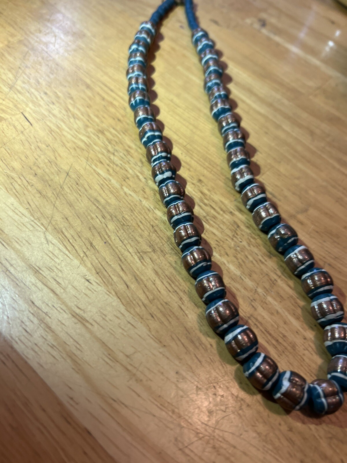 21” Teal Clay Beaded Necklace Metallic Painted Accents Boho Tribal