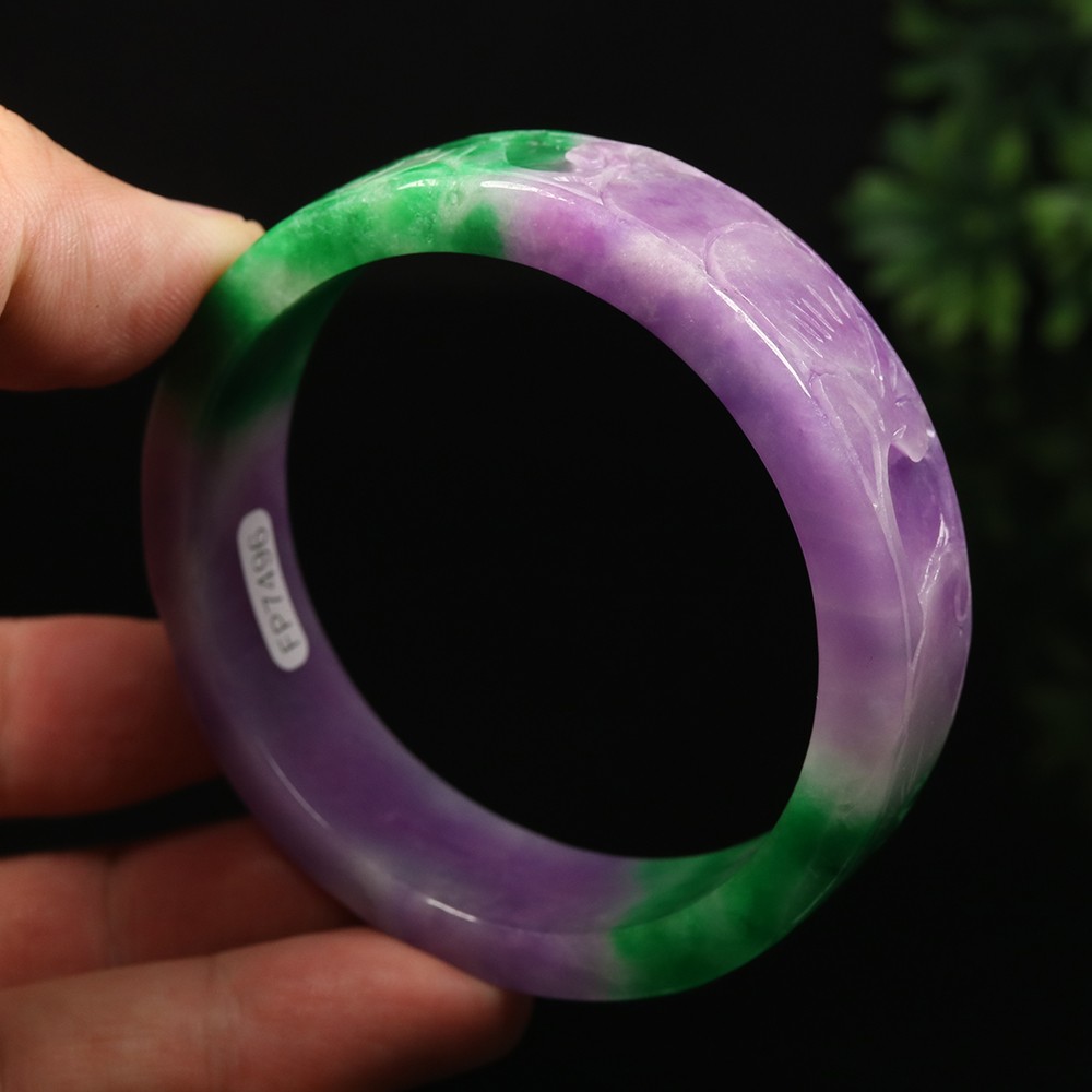 60mm Lavender Purple Green Jadeite Jade Bangle Bracelet Ruyi Flower Bat A-15045
