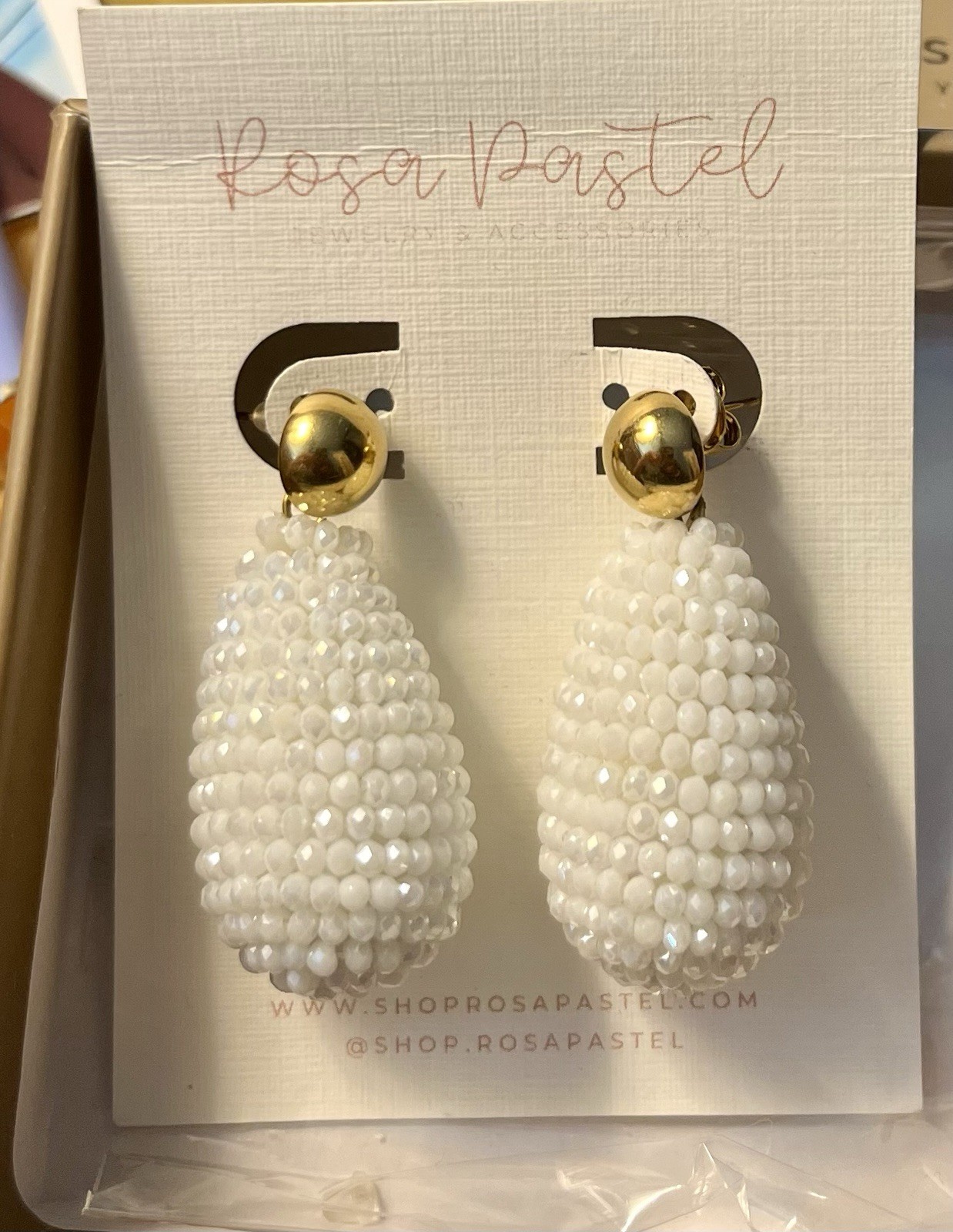 Rosa Pastel White Beaded Teardrop Dangle/Drop Earrings, Gold Tone