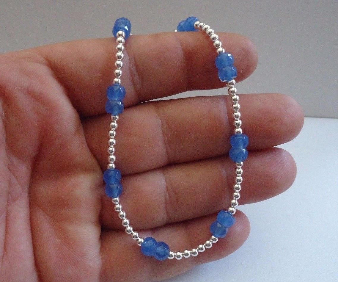 925 STERLING SILVER BEED ANKLE BRACELET W/ TANZANITE GEMSTONES / LOBSTER LOCK