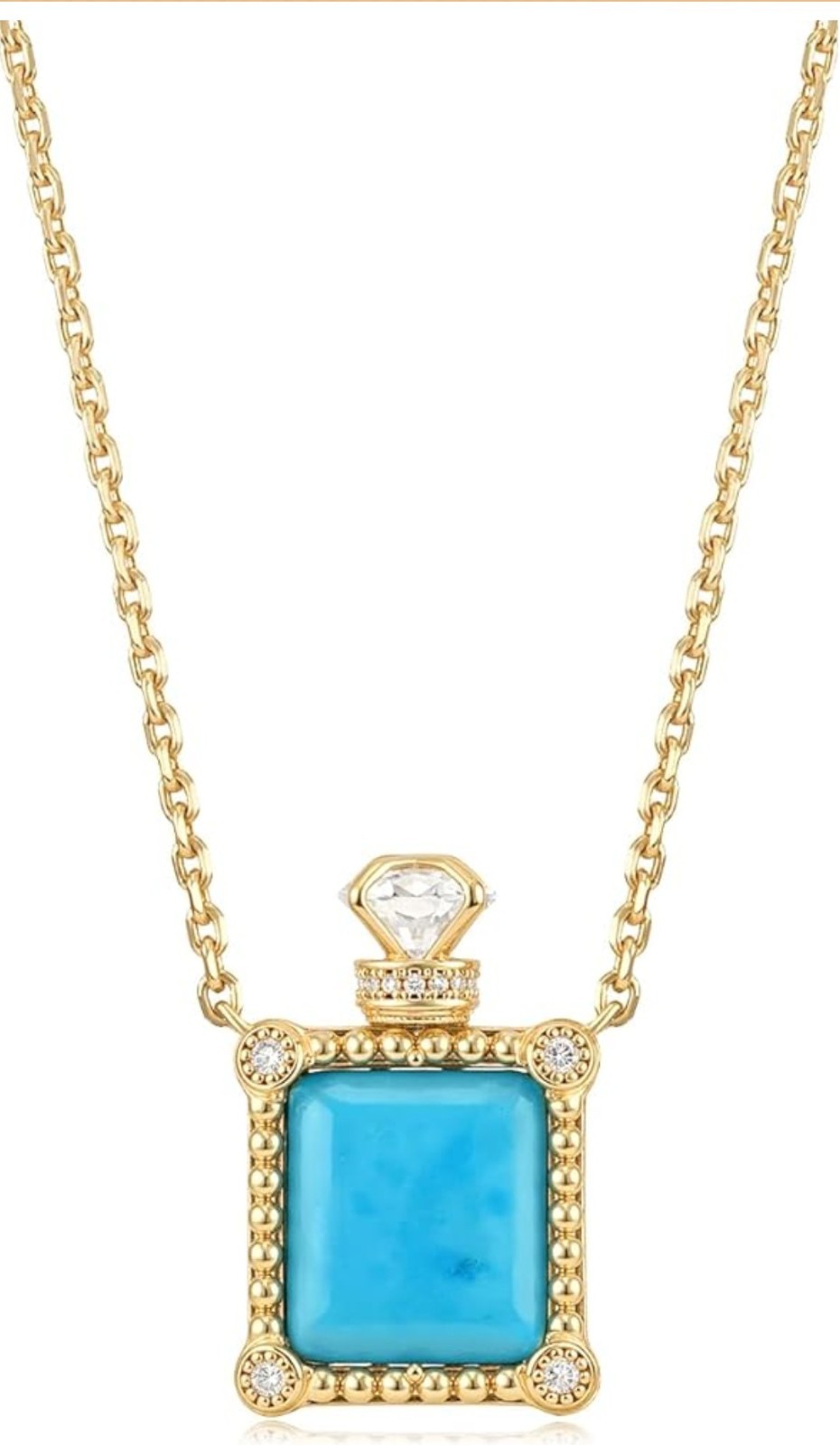 Yellow Gold Plated Cable Chain Necklace Square Blue Turquoise Pendant CZ