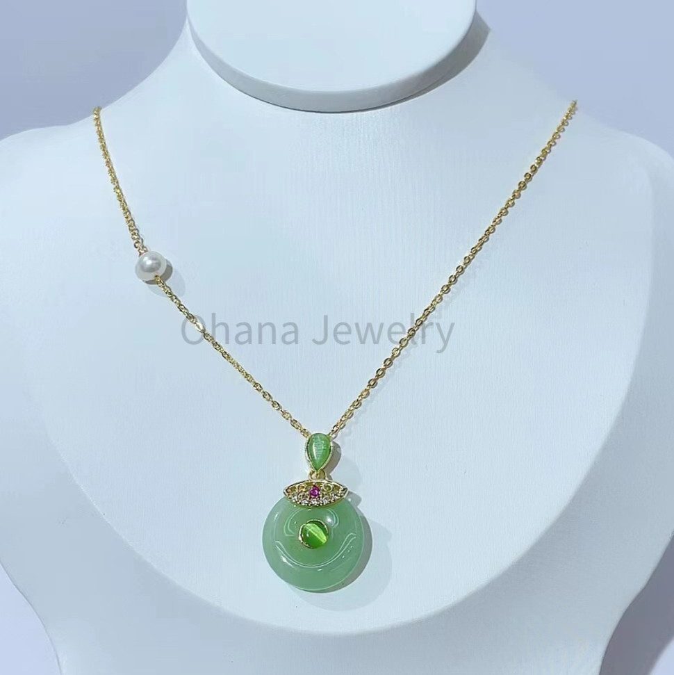 Natural Green Jade Copper Freshwater Pearl 18″ Oval Link Necklace – Fancy Donut