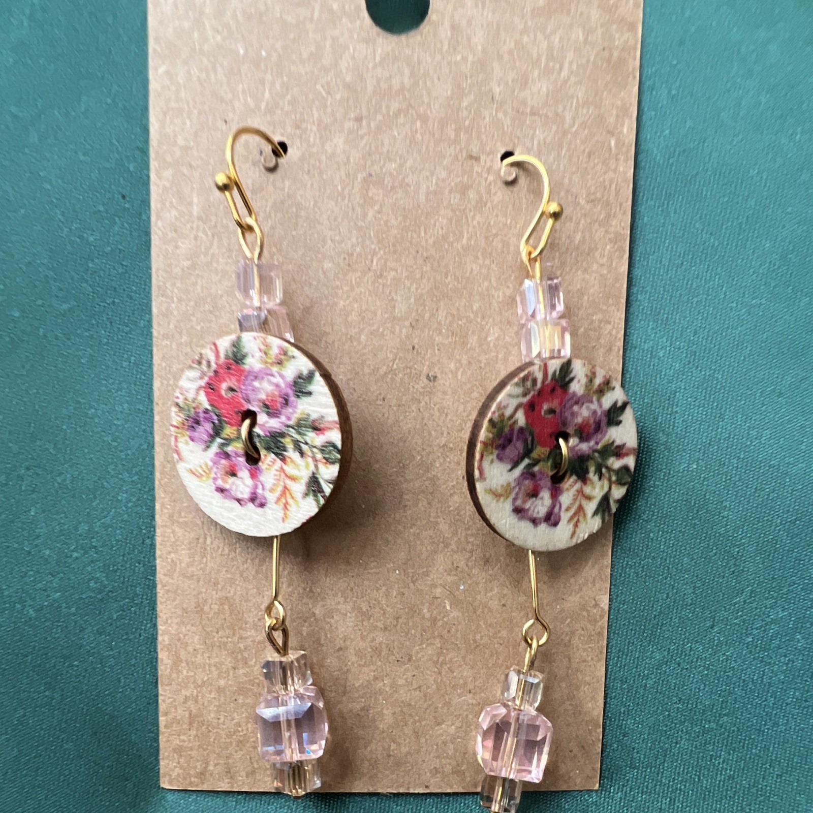 Floral Round Dangle Drop Hook Earrings Gold Tone Multicolor Metal Glass Beads