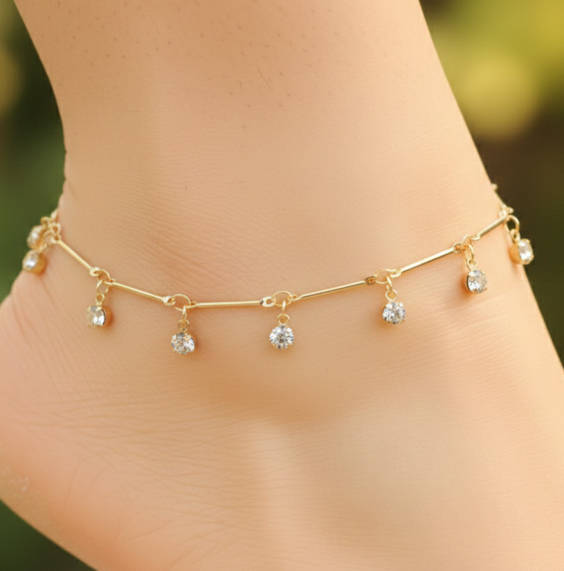 Minimalist Gold Plated Brass Anklet | CZ Stone Designer Chain | Elegant Adjustab