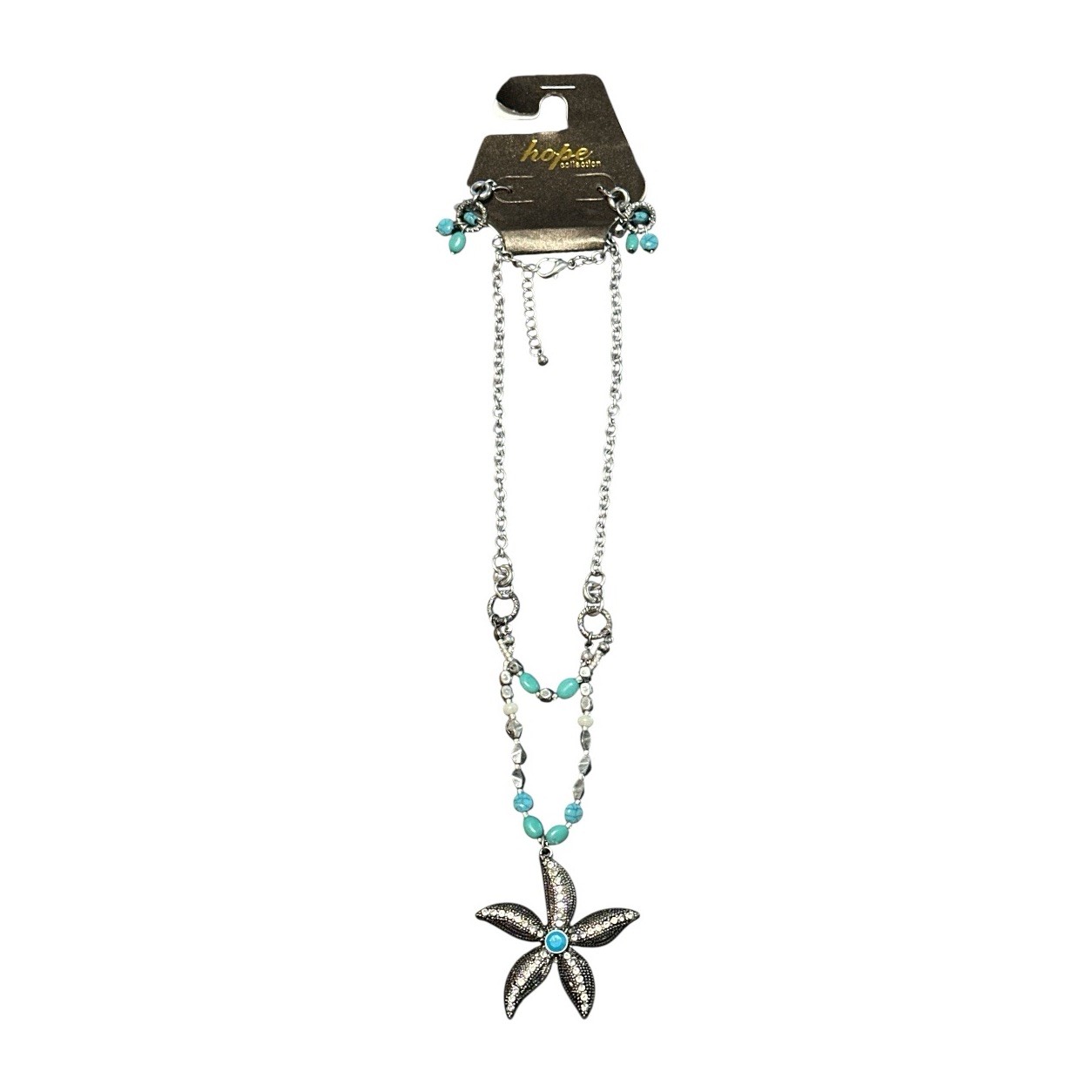 Hope Collection Starfish Necklace Earrings Set Turquoise Beads Rhinestone