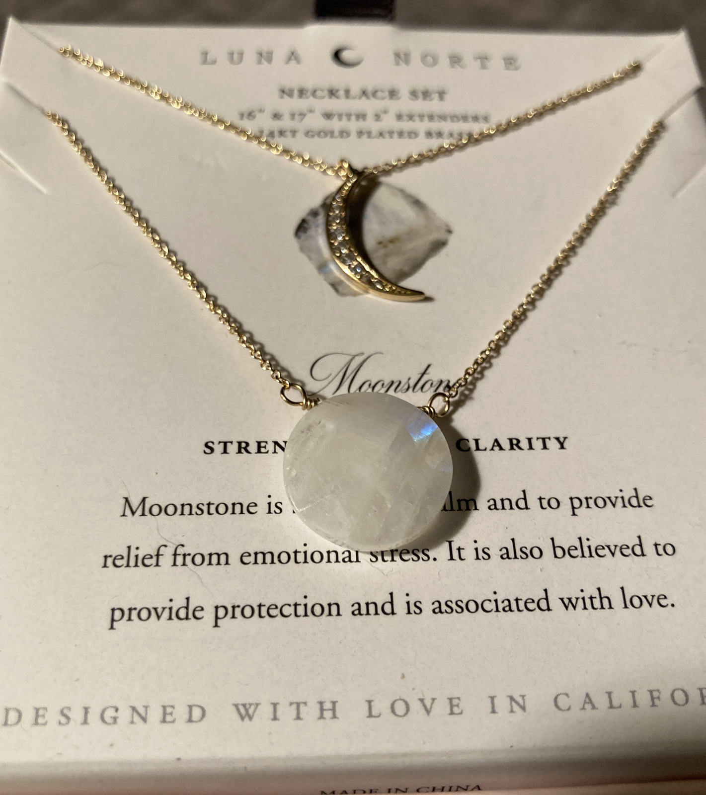 Luna Norte Moonstone 14KT Plated Brass Necklace~Strength~Hope~Clarity~ NIB!