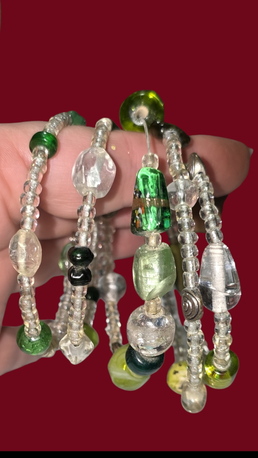 2 Memory Wire Green & Multi Color Peacock Beads Layered Bracelet Fits All Wrists