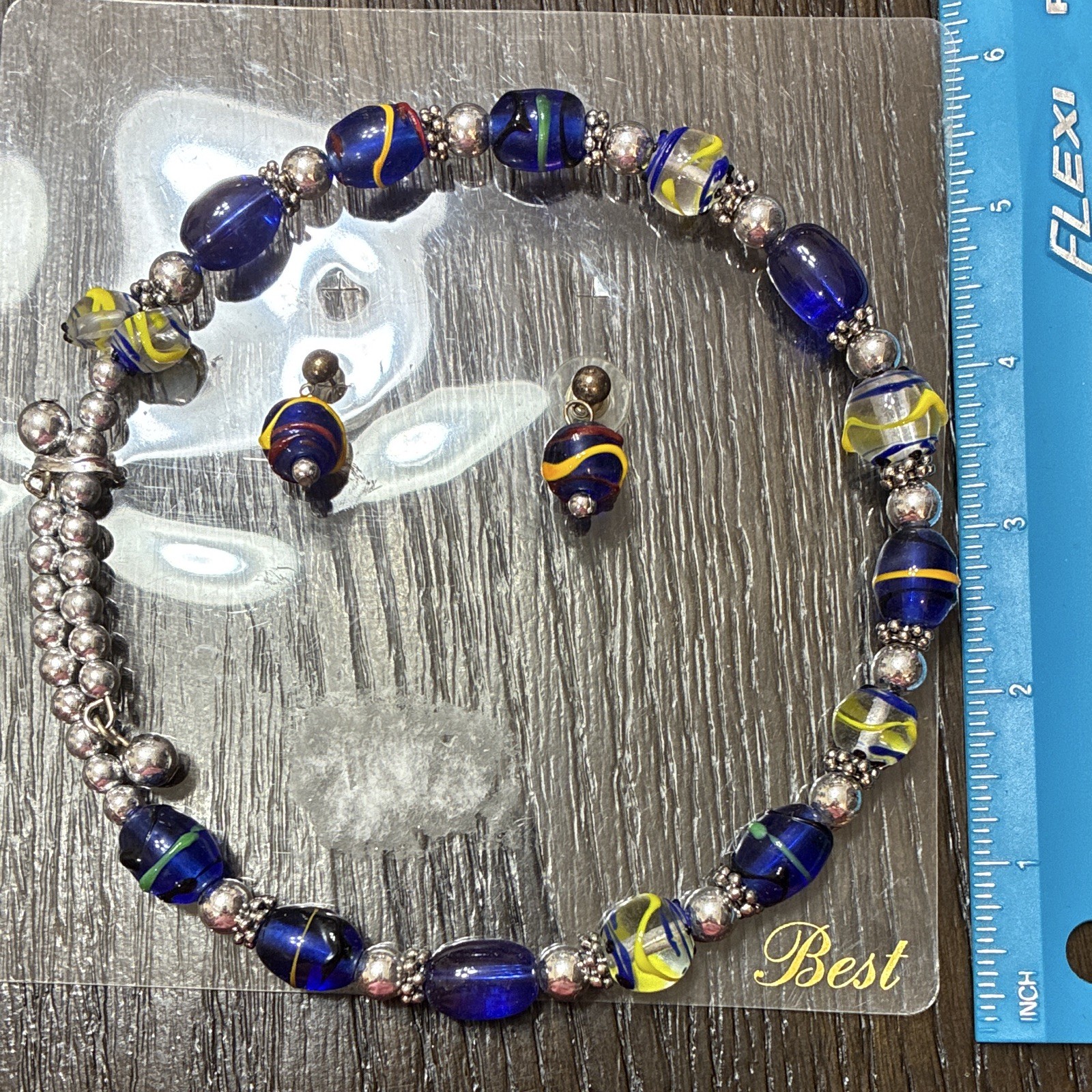 Blue Yellow Glass Beaded Necklace & Earrings Silver Tone Metal Spacer Beads