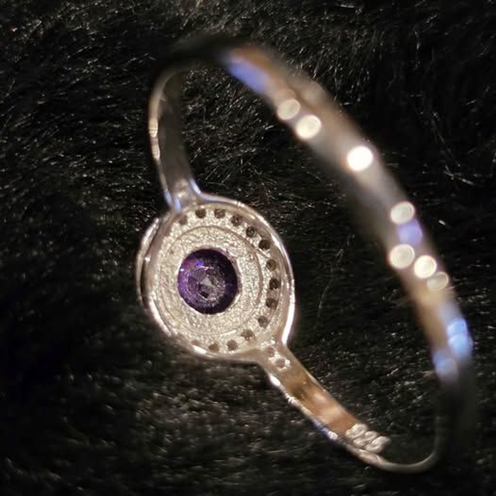 Purple Moissanite Halo Ring in .925 sterling silver. Sz 11.5