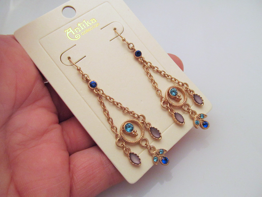 *NEW Gold Tone Chandelier Drop Pierced Earrings Blue Crystals by Antika