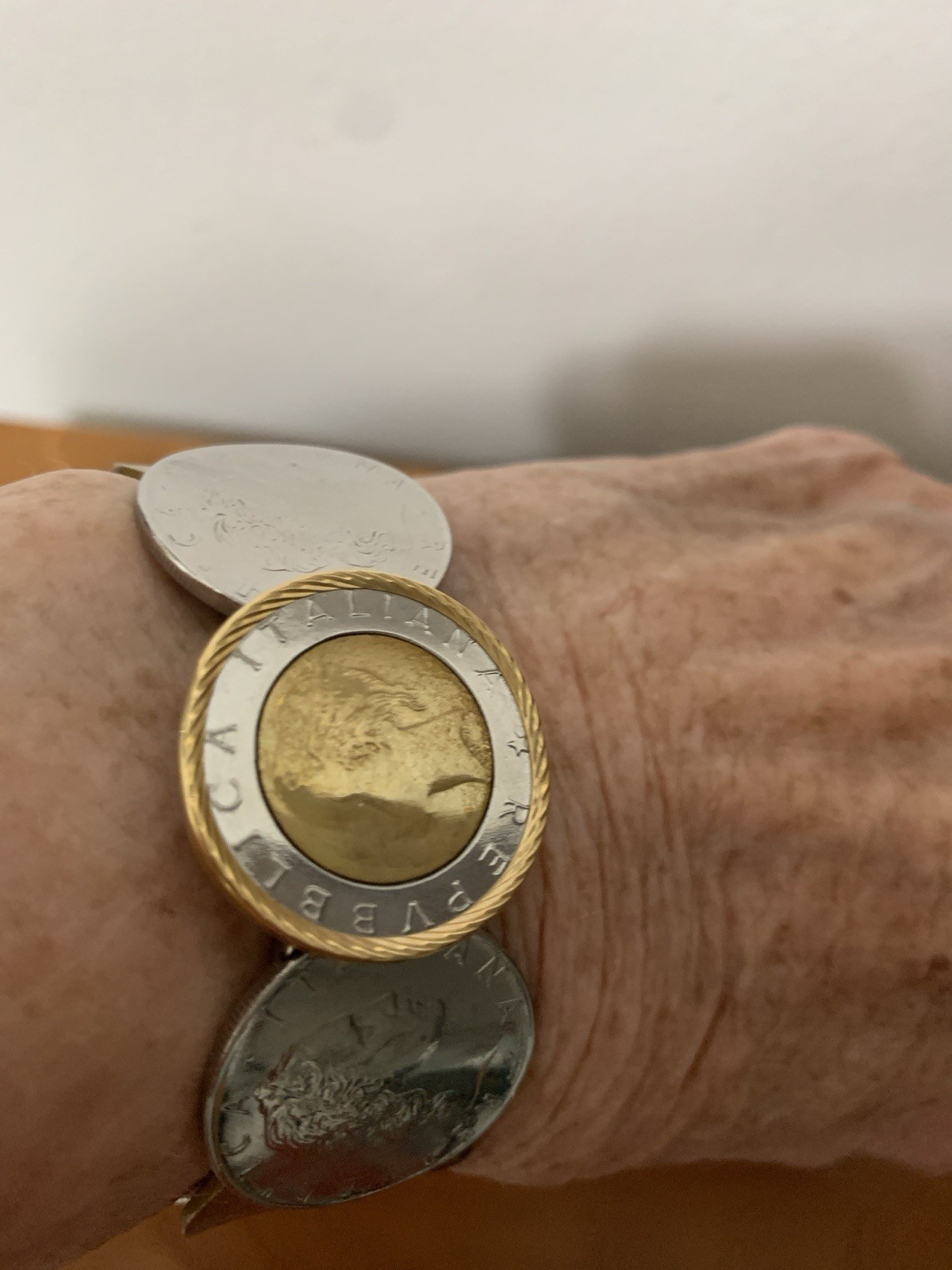 Stainless Steel Clamper Bangle Bracelet With European Coins.