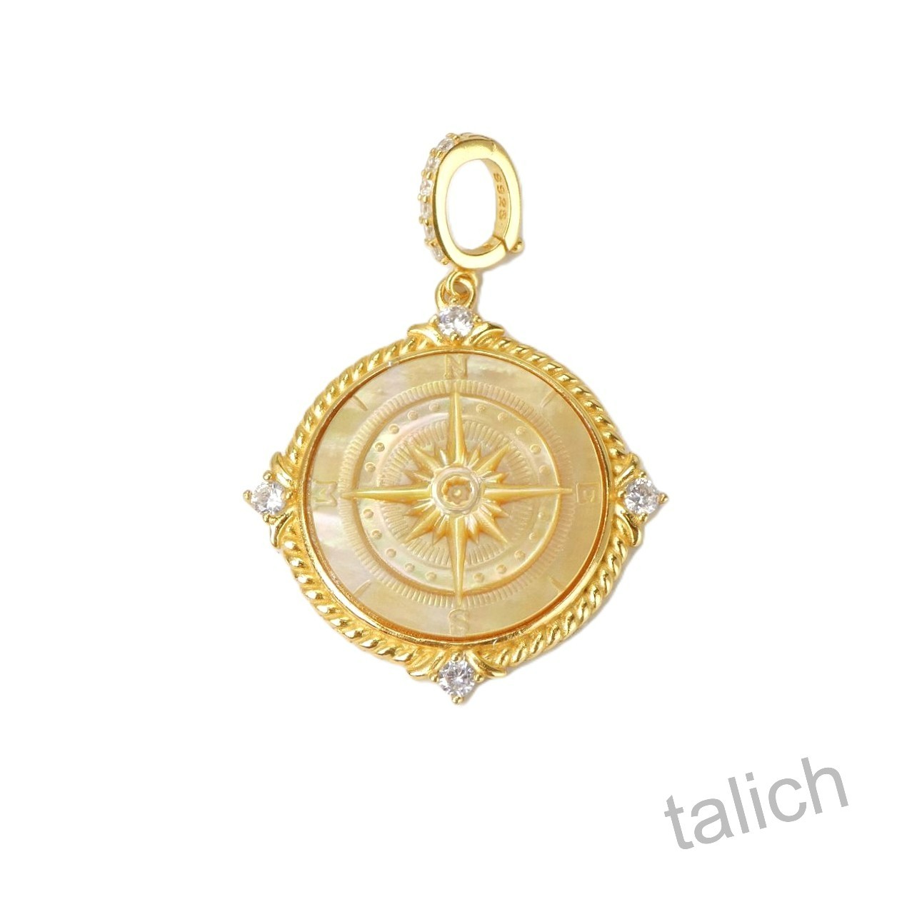 18K Gold Plated Sterling Silver MOP Compass Rose Cameo Pendant North Star Gift