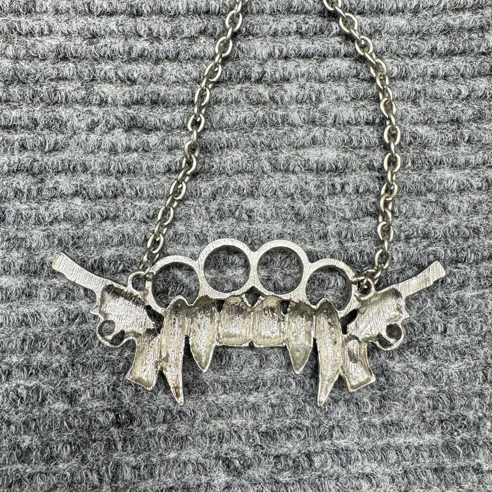 Brass Knuckle Vampire Teeth Necklace Silver Tone Revolver Gun Gothic Pendant Y2K