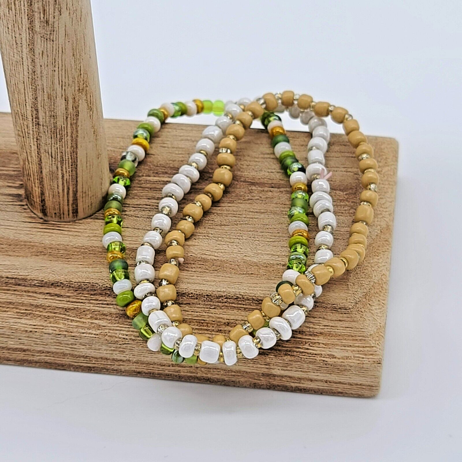 3 Pc Stacking Seed Bead Stretch Bracelet Set, Yellow, Brown, Gold, White, Green