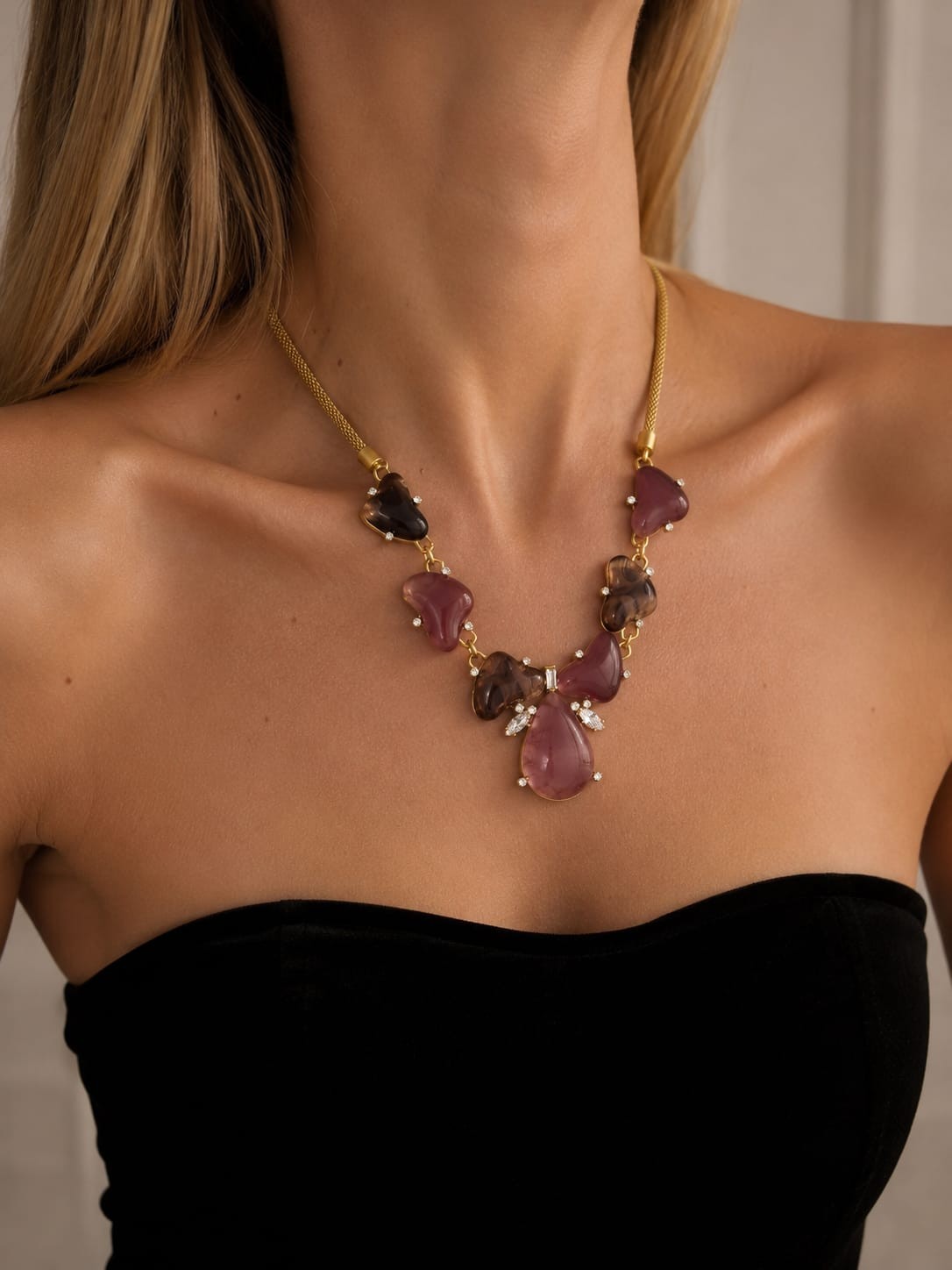 Pink Stone Statement Necklace Vintage Gold Tone Bib Necklace Gift For Her