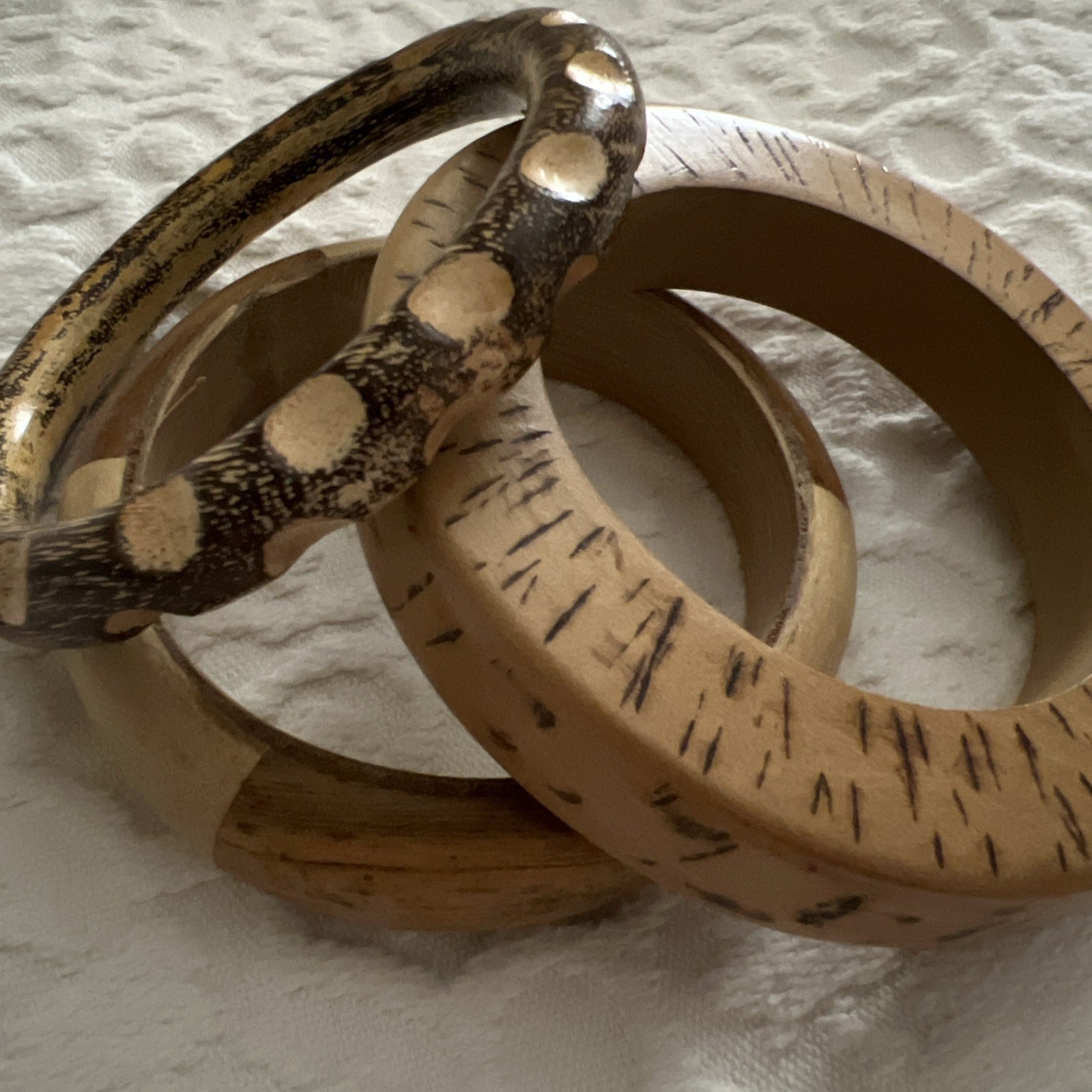 3 Wooden Bangle Bracelets Variety Natural Brown Tones 8” Stacking Wood Old Stock