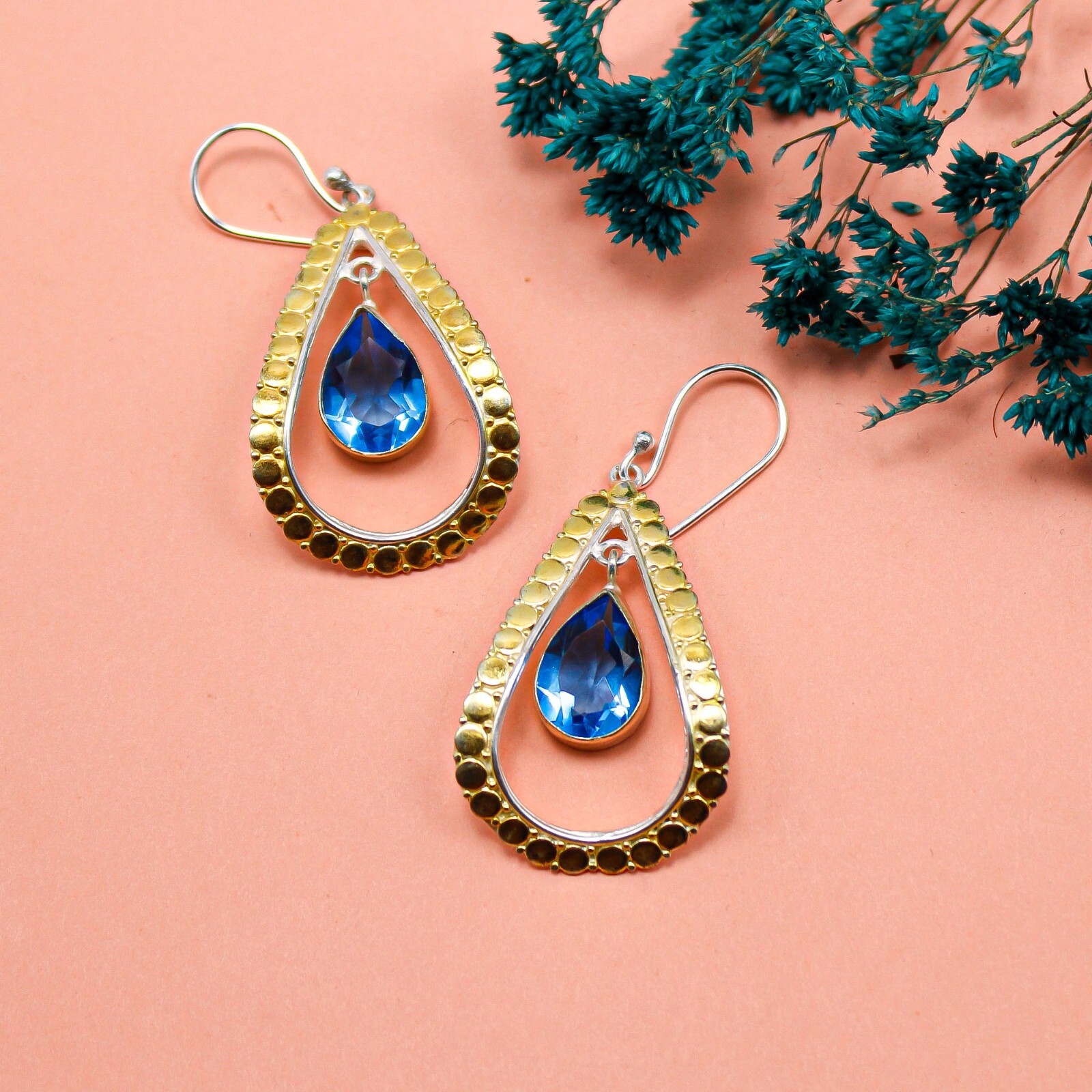 925 Silver Swiss Blue Topaz Gemstone Earrings Handmade Jewelry 2.27″ For Gift’s