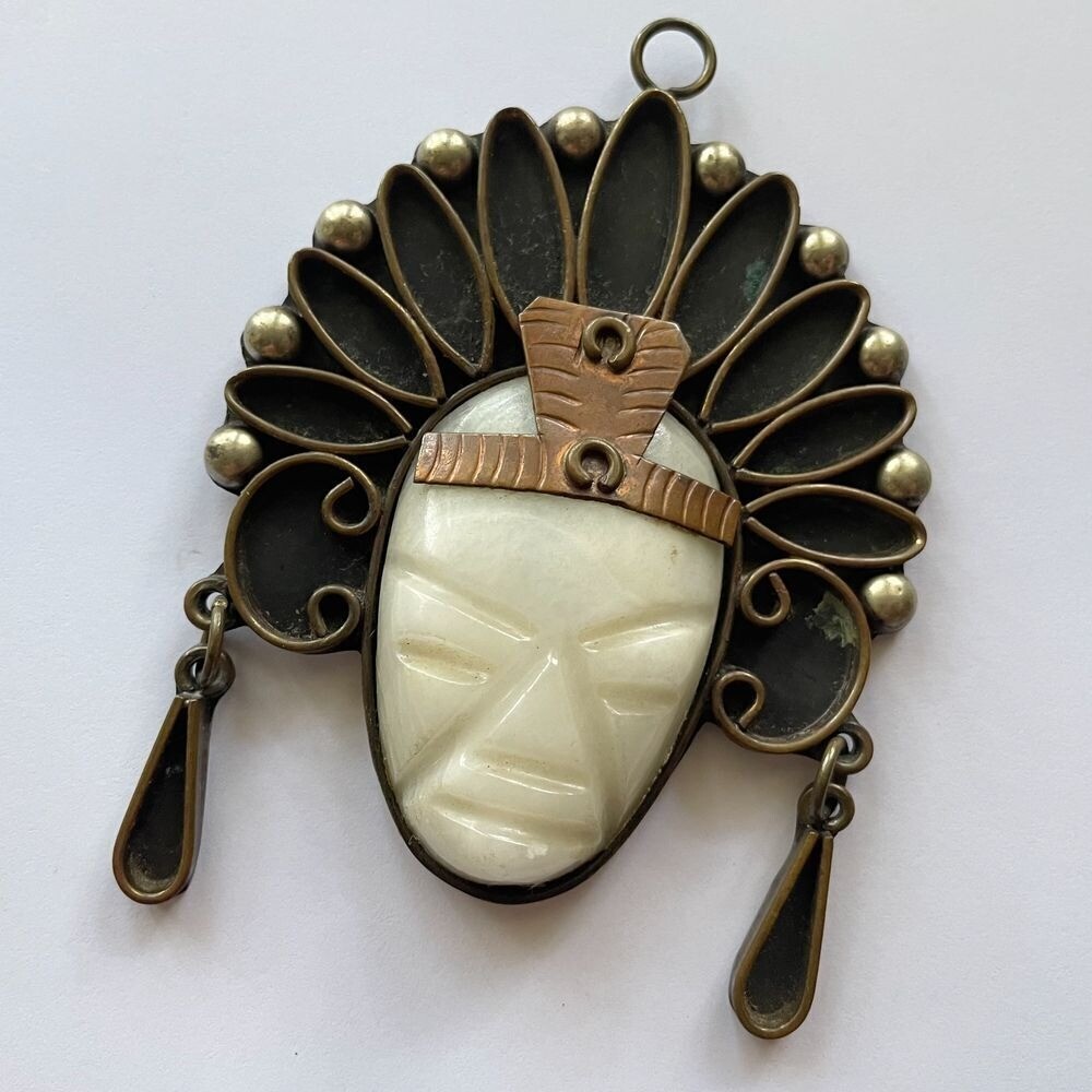 Large Vintage Mexican Carved White Onyx Aztec Warrior Pendant Copper Brass
