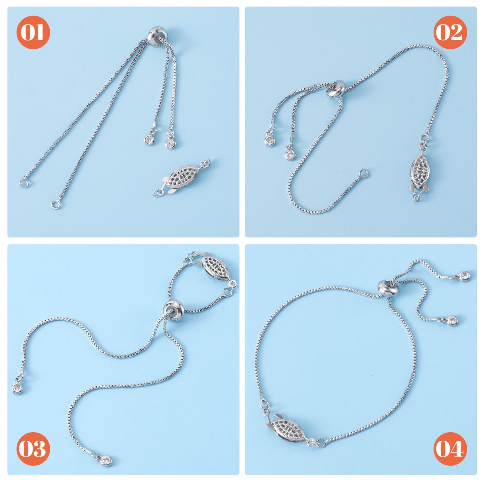 3Pcs Adjustable Slider Bracelet for Jewelry Making, Silver Plated Charm Bracelet