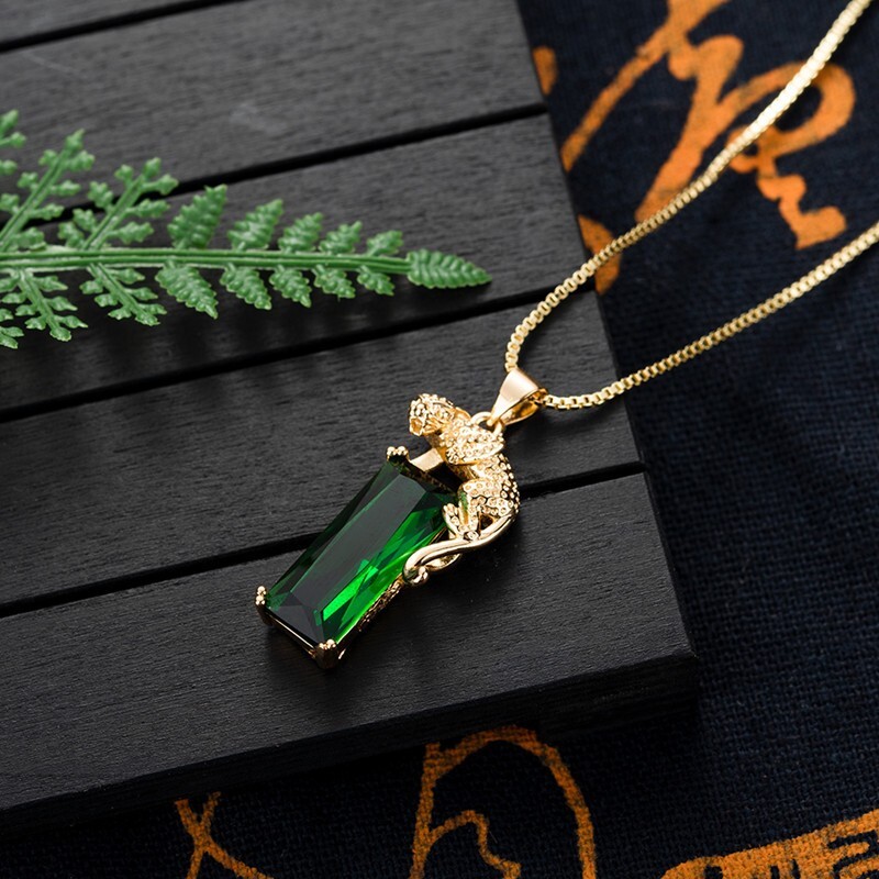 Gold Necklace with Leopard Green Rectangle Zirconia Pendant + Earrings