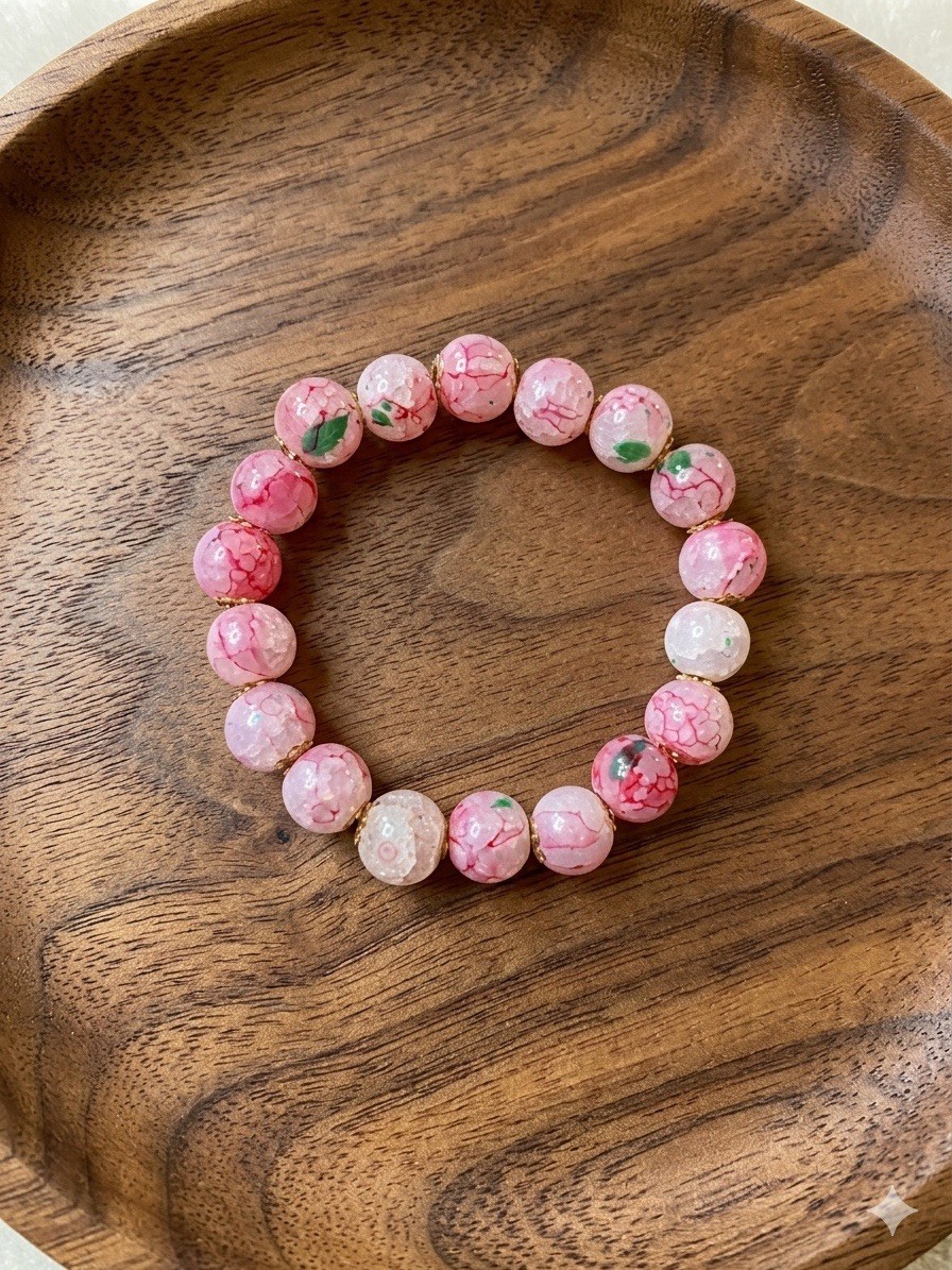 Pink White Beaded Stretch Stone Bracelet Round Less Than 8in