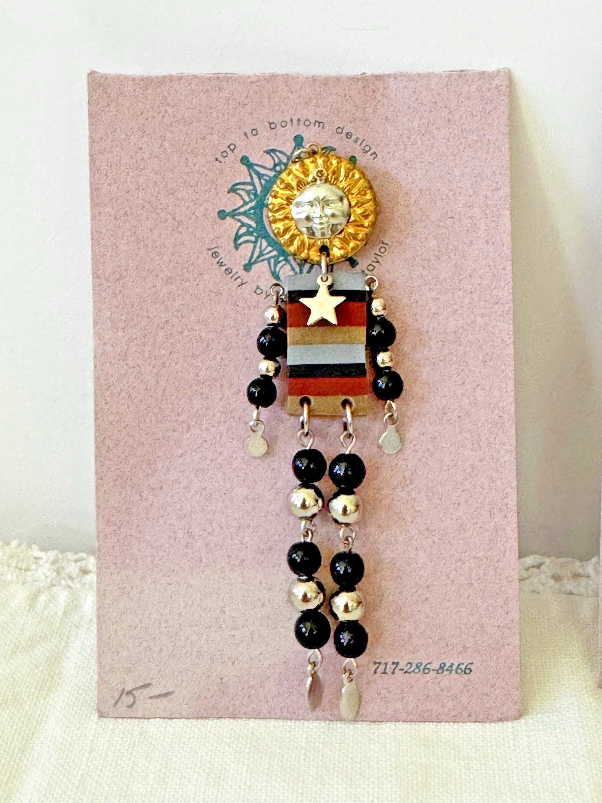 Jacquelyn Taylor Celestial Sun Star Brooch Earrings Set Rare OOAK Wearable Art
