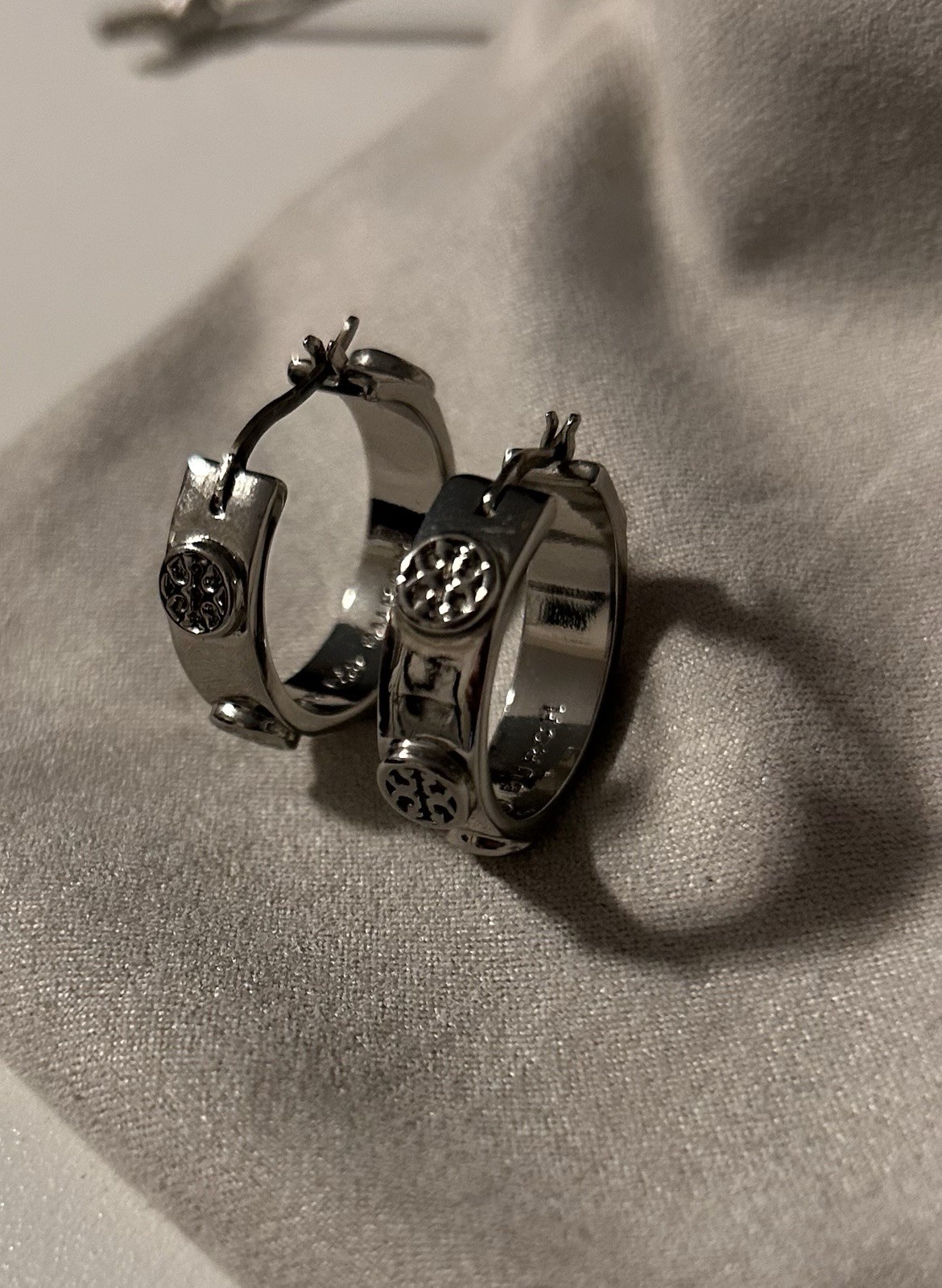 Tory Burch Miller Logo Silver Hoop Earrings Studded Medallion Huggie Hoops