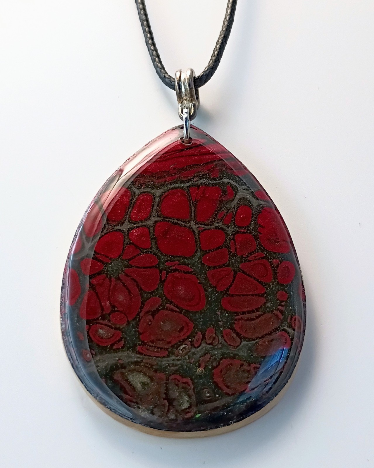 Hand Painted Necklace On Wood w/ Silver Toned Fitting & Black Cord Lightweight