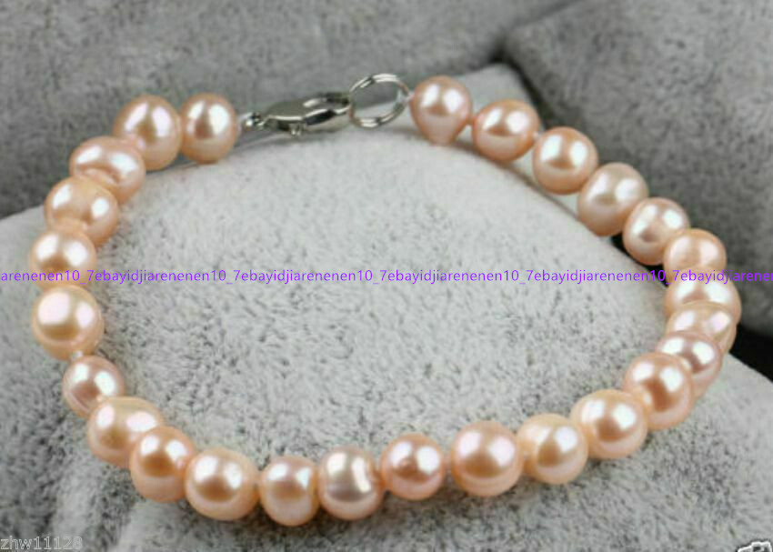 Genuine 7-8/8-9/9-10mm Natural Pink Freshwater Cultured Pearl Bracelet 7.5 in