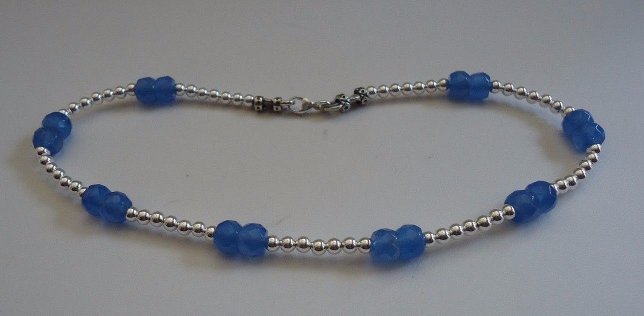 925 STERLING SILVER BEED ANKLE BRACELET W/ TANZANITE GEMSTONES / LOBSTER LOCK