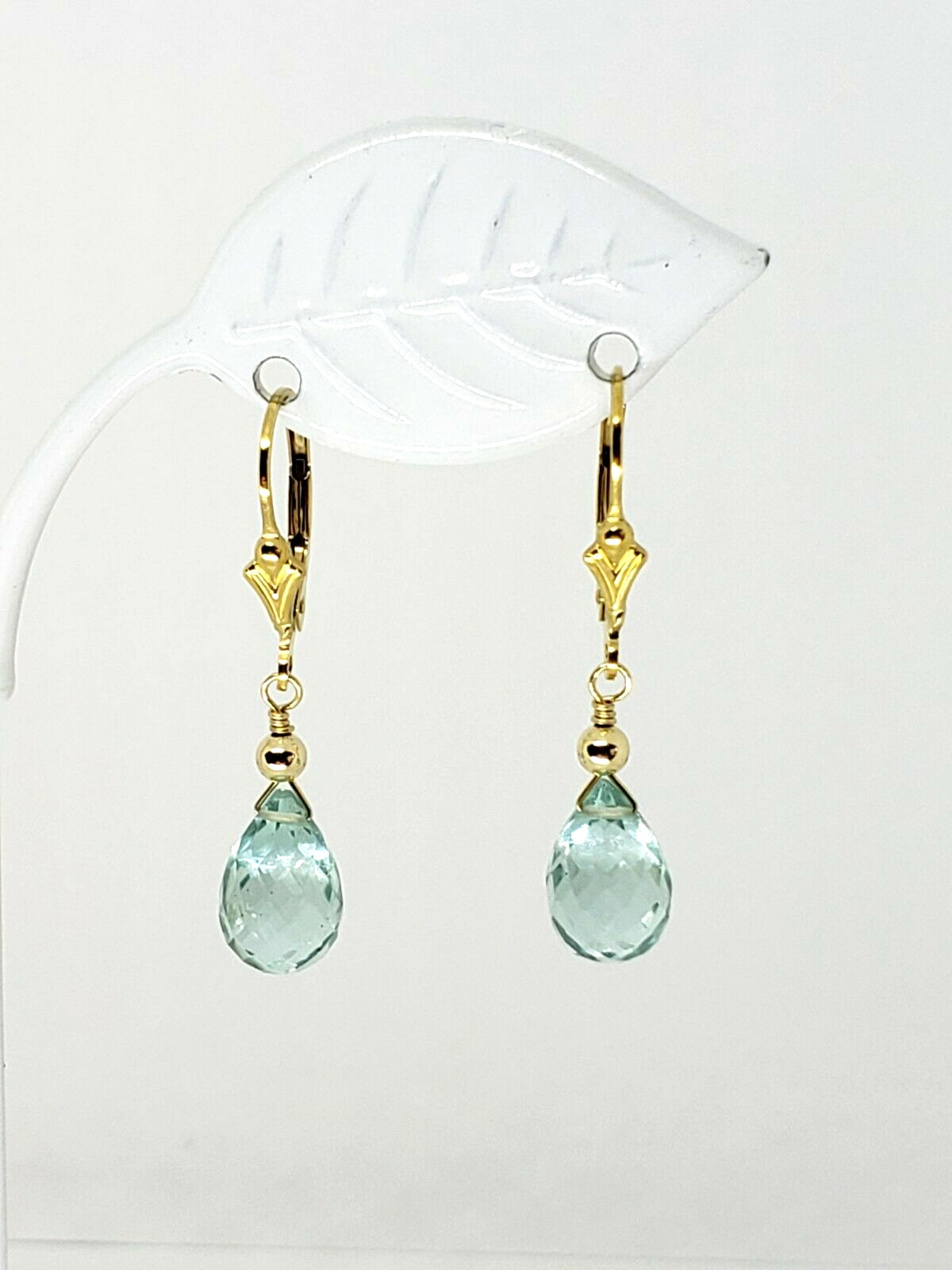 14k Yellow Gold Filled Aquamarine Quartz Briolette Drop Dangle Earrings