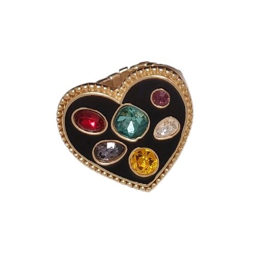 Estate Gold-Tone Black Enamel Multi-Color Glass Stone Heart Stretch Ring Size 7