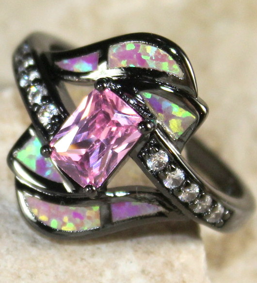 BLACK SILVER Elegant Pink Fire Opal & Pink Kunzite Ring Size 6, WR40505