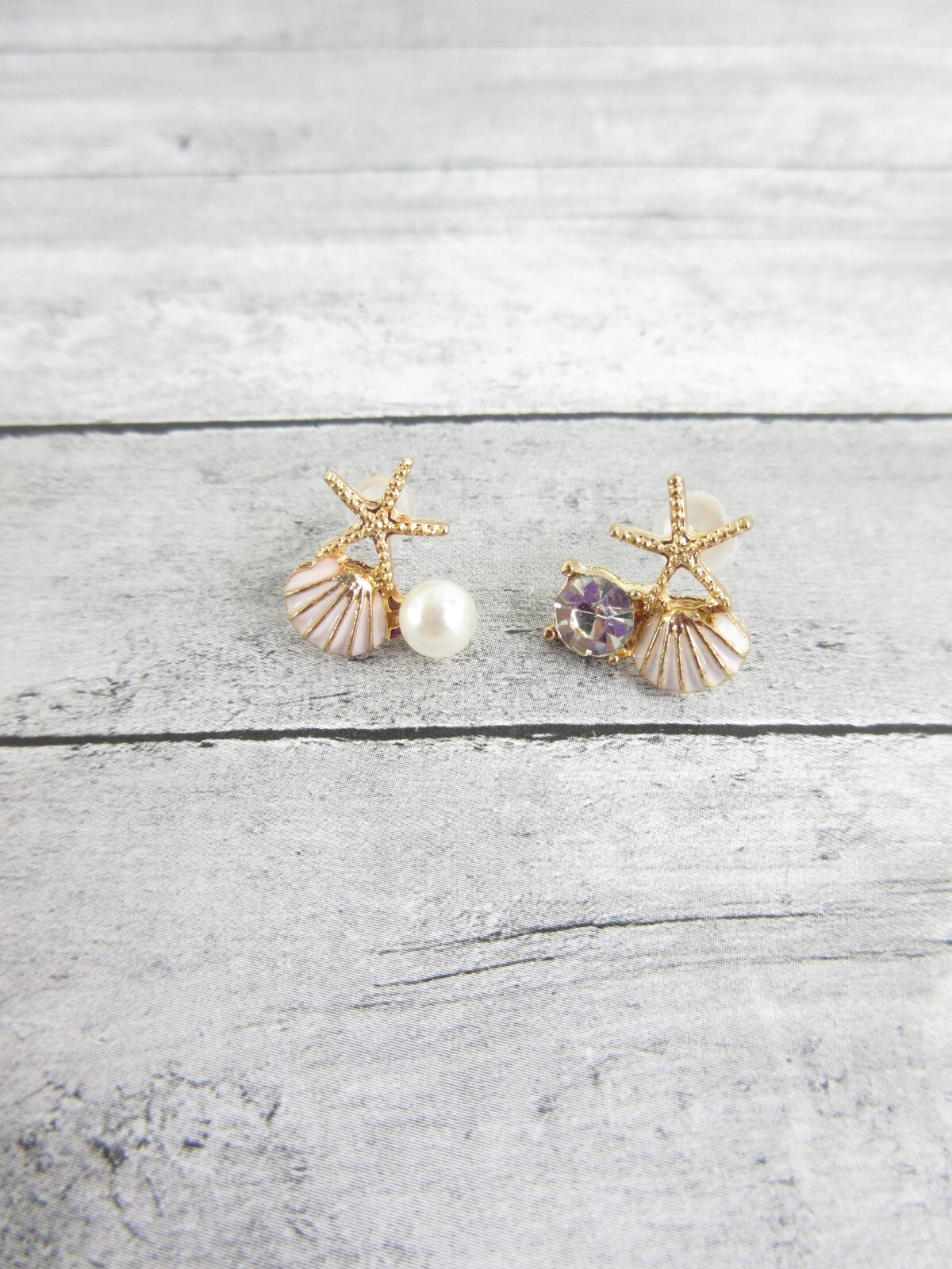 Dainty Seashell Earrings Starfish Rhinestone Pearl Pierced Beach Jewelry Pretty