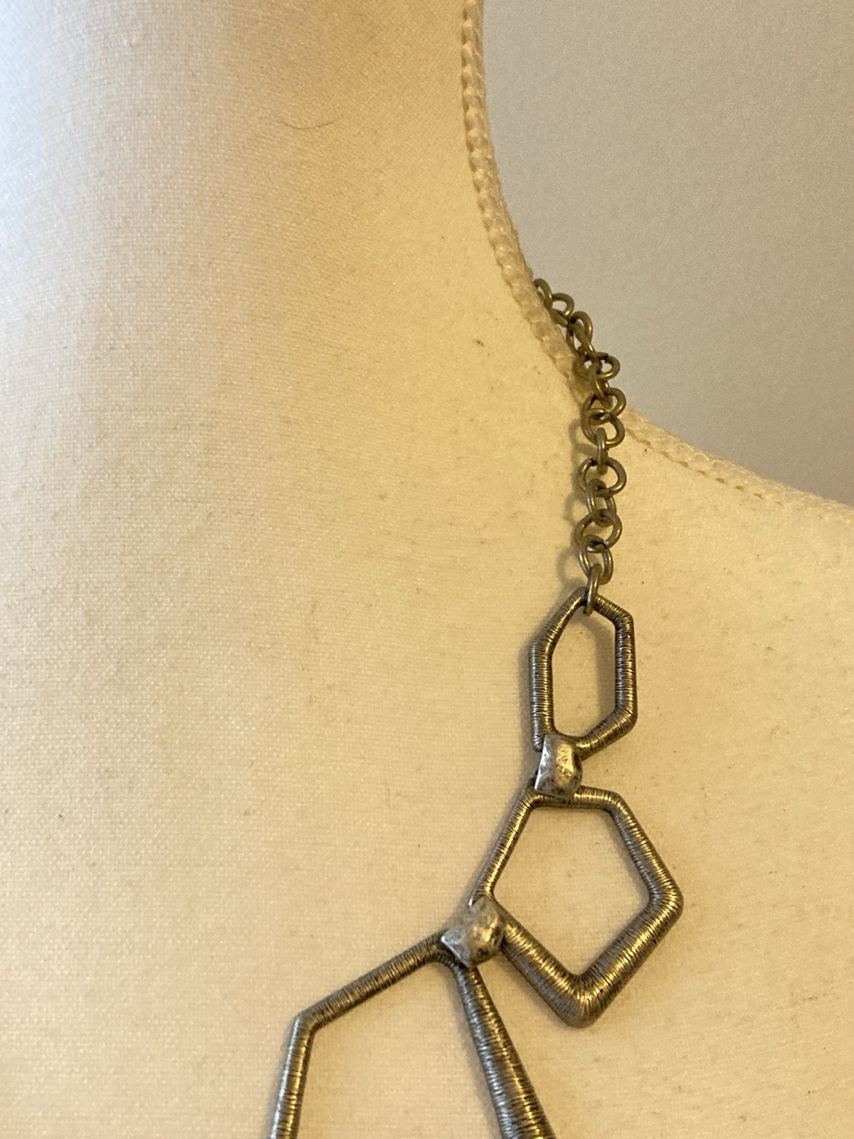 Modernist Statement Necklace Open Pentagon Shape Geometric Abstract Silver Tone