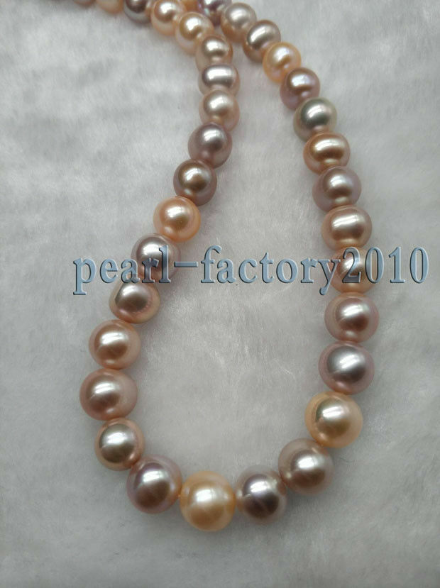 AAAA 9-10 mm south sea pink purple white multicolor pearl necklace 18″ PURE 14K