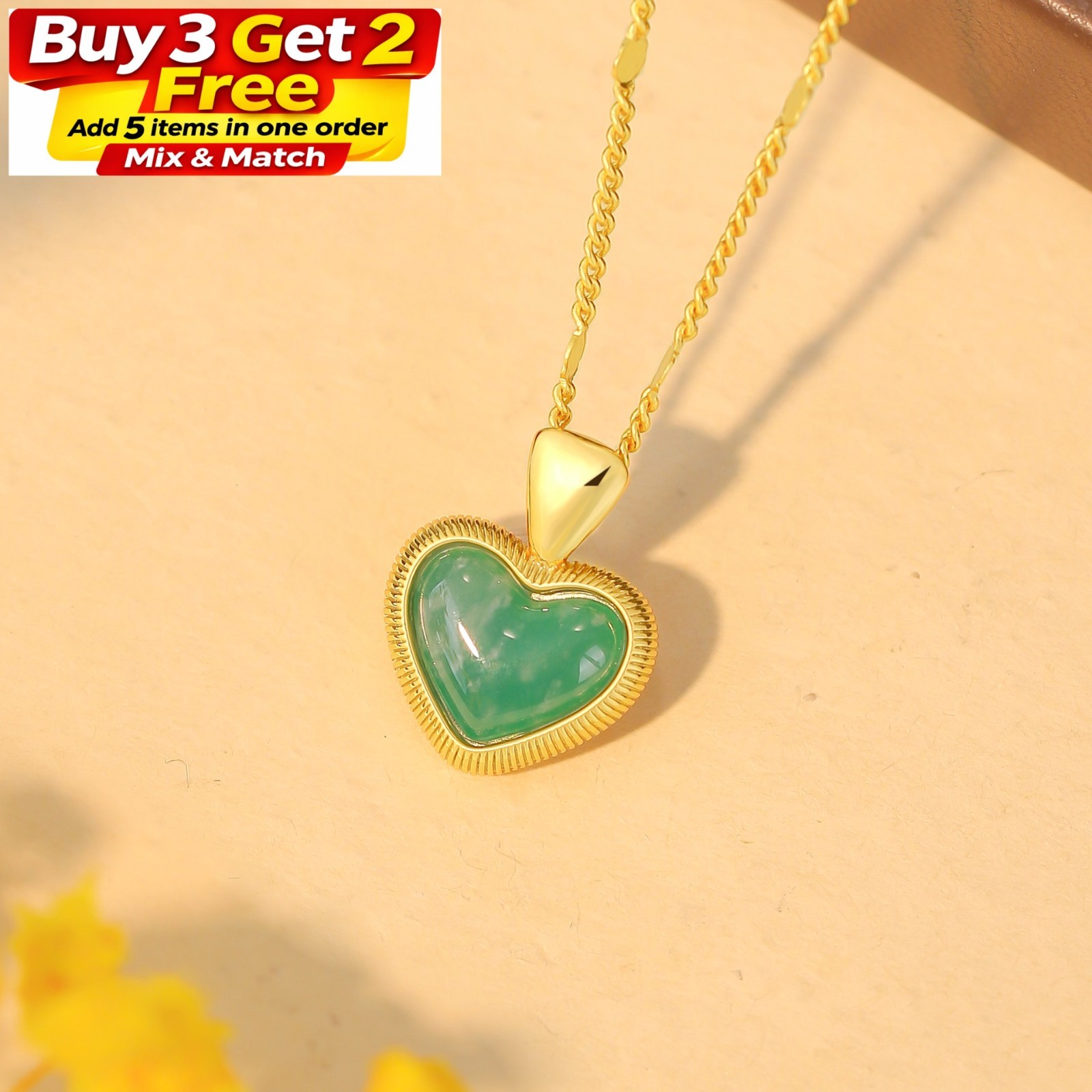 Green Jade Heart Pendant Necklace Charm 18K Gold Plated Chain Gemstone INS