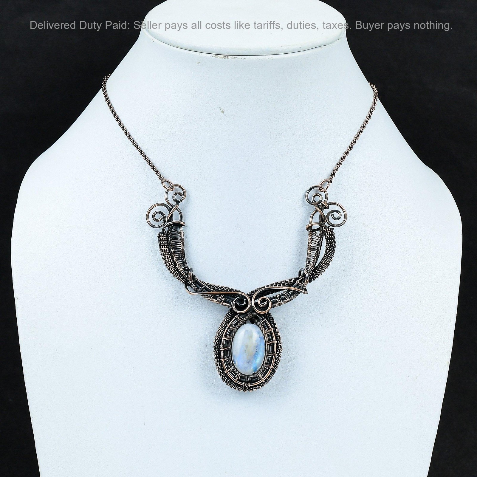 Copper Natural Rainbow Moonstone Handcrafted Wire Wrapped Chain Necklace Jewelry