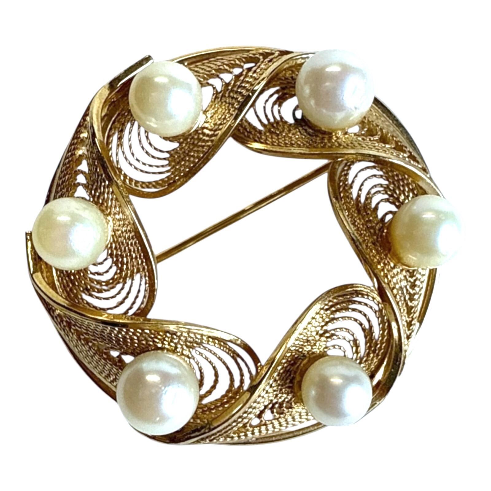 Vtg. Round Pearl Brooch 14k Gold Filled Filigree 6 – 5.8 mm Pearls 1.3” Diameter