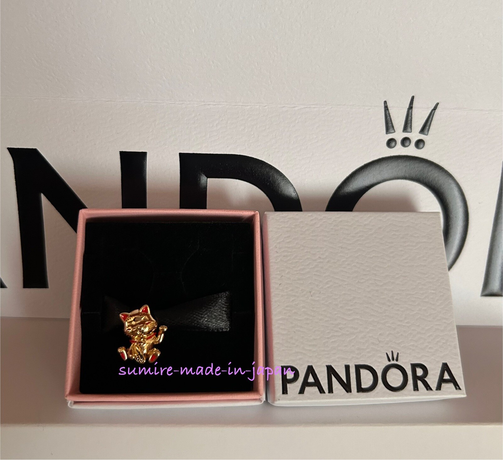 PANDORA Cute Fortune Cat Charm 14K Gold Plating Enamel New Authentic from japan