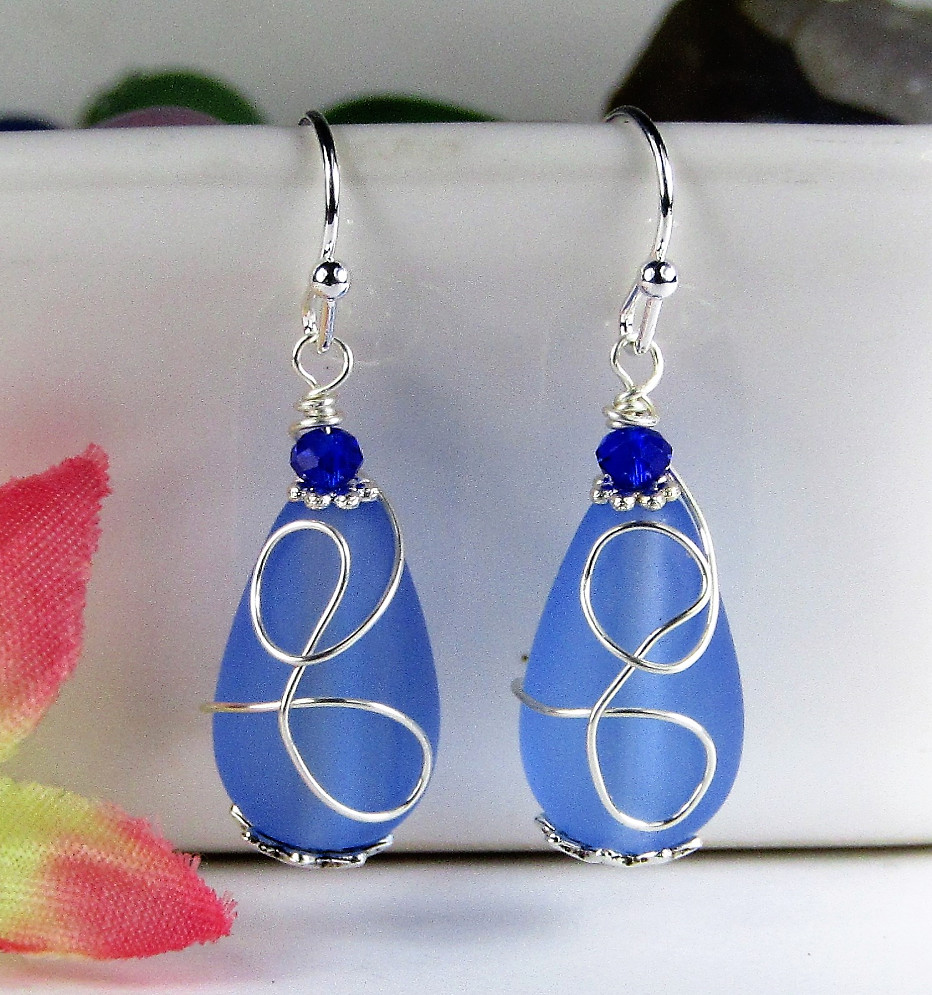 Teardrop-Shaped Frosted Sea Glass Dangle Earrings, Beach Fashion, Sea Jewelry